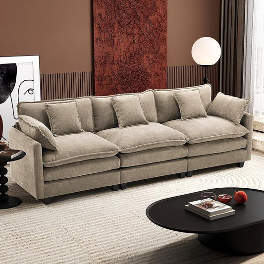 Ihanherry 111.4 Inch 3-Seater Cloud Sofa, Modular Sectional Couch, Modern Deep Seat Sofa for Living Room, Comfy Double Layer Upholstered Seat Cushion, Breathable Chenille Fabric,Sand