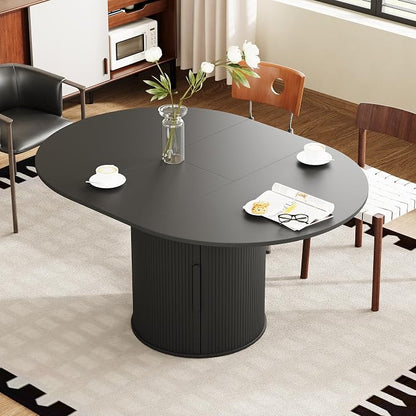 weselon 43"-59" Extendable Round to Oval Dining Table with Hidden Storage, Modern Wooden Kitchen Table with Fluted Sliding Door Cabinet, Expandable Dinner Table for Dining Room Living Room (Black)