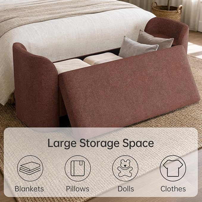 Usaint 58.3" Storage Ottoman Bench with Pillows, Upholstered End of Bed Bench with Arms, Footrest Stool Bench for Bedroom, Living, Window, Entryway and Hallway, Green, Rusty Red