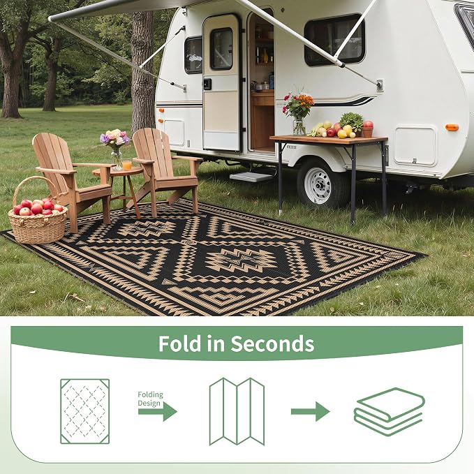 GENIMO Outdoor Rug for Patio Clearance - 5x8 ft Waterproof Plastic Camping Rugs, Reversible Outside Rv Mat Carpet for Porch, Deck, Picnic, Balcony, Beach, Backyard, Black Brown