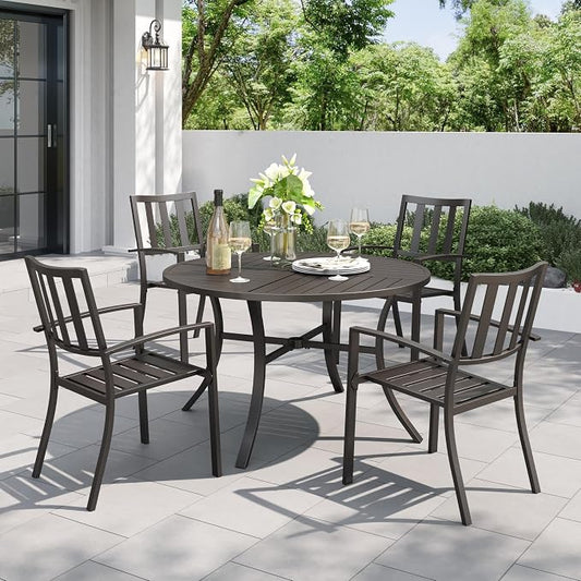 PHI VILLA 5 Piece Outdoor Dining Table Set for 4, 42” Round Steel Dining Table with Umbrella Hole & 4 Black Stacking Metal Chairs for Patio, Deck, Yard, Porch