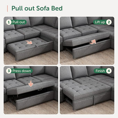 HONBAY Modular Sectional Sleeper Sofa with Pull Out Bed, Linen Convertible Sectional Couches for Living Room,Grey