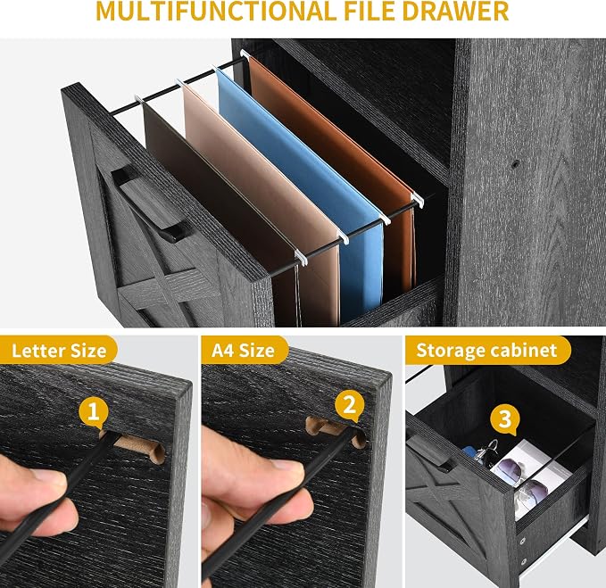 DWVO L Shaped Desk with File Drawer, 60" Corner Computer Desk with Power Outlets, Home Office Desk with Monitor Stand & Storage Shelves & File Cabinet, Grey