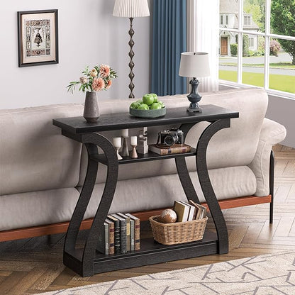 Wooden Console Table with Curved Legs and Shelf, 3-Tier Modern Accent Narrow Sofa Table for Entrance Area, Living Room, Hallway, 47 in Wide Wood Console Table for Entryway (Black)