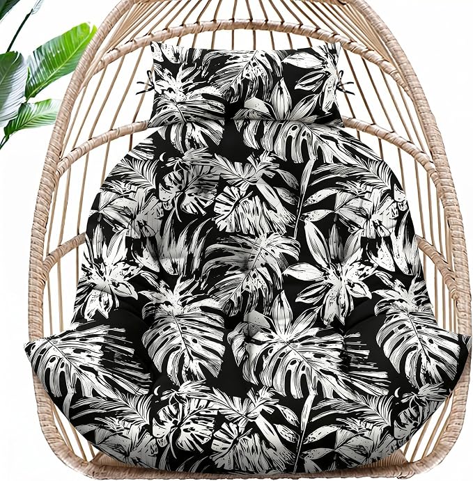 MAGIC ELEPHANT Egg Chair Cushion, Memory Foam Hanging Egg Chair Cushion Replacement, Indoor Outdoor Hammock Basket Swing Cushion with Headrest (Black Monstera)