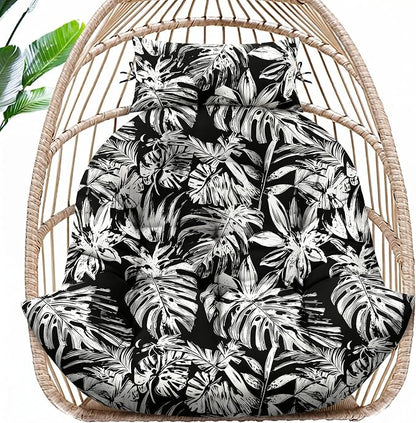 MAGIC ELEPHANT Egg Chair Cushion, Memory Foam Hanging Egg Chair Cushion Replacement, Indoor Outdoor Hammock Basket Swing Cushion with Headrest (Black Monstera)