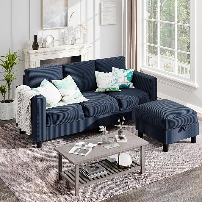 Shintenchi 76" Modern Upholstered Sectional Sofa, L-Shaped Couch with Storage Ottoman and Reversible Chaise for Living Room, Blue Linen Fabric