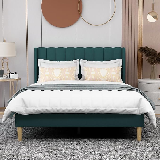 AGARTT Upholstered Platform Bed Frame Full Size with Headboard and Footboard/Wooden Slats Support/No Box Spring Needed/Easy Assembly,Ink Green Velvet