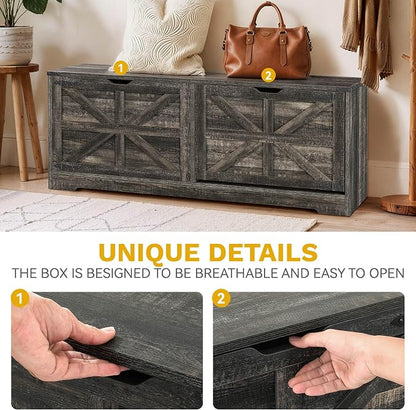 DWVO Shoe Storage Bench, 55" L Shoe Cabinet with 3 Flip Drawer & Flip-Top Storage, Farmhouse Modular Tilt-Out Organizer for Entryway, Mudroom, Bedroom | 3 tilt-out drawers, flip-top storage, farmhouse style, for entryway mudroom bedroom, sturdy wooden ...