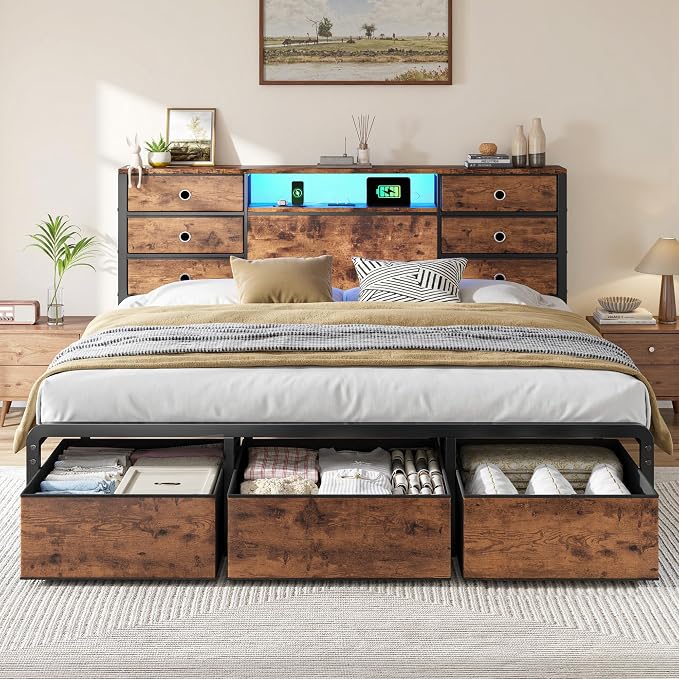 Homkdom King Size Bed Frame with 9 Fabric Drawers Storage, Charging Station & LED Lights, Metal Platform Bed Frame with Headboard,Noise-Free and Easy Assembly for Bedroom,Modern Brown