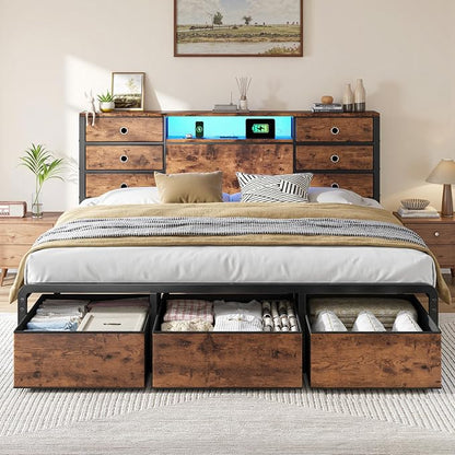 Homkdom King Size Bed Frame with 9 Fabric Drawers Storage, Charging Station & LED Lights, Metal Platform Bed Frame with Headboard,Noise-Free and Easy Assembly for Bedroom,Modern Brown