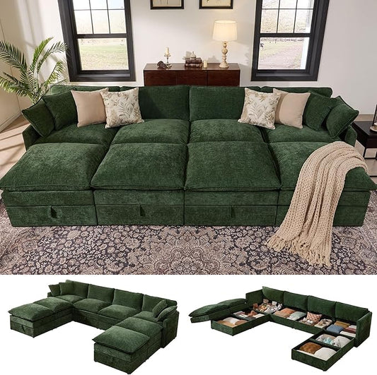 Ihanherry 135” Oversized Sectional Sofa Bed with Storage, 8-Seater Modular Cloud Couch with Movable Ottomans, Chenille Deep Seat Sleeper Couches for Living Room (Green)