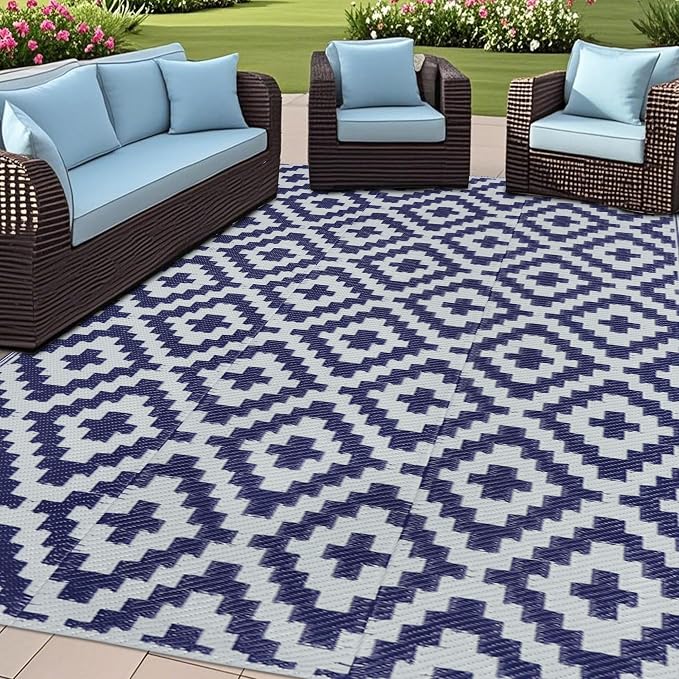 SAND MINE Reversible Mats, Plastic Straw Rug, Modern Area Rug, Large Floor Mat and Rug for Outdoors, RV, Patio, Backyard, Deck, Picnic, Beach, Trailer, Camping, Dark Blue & White, 4' x 6'