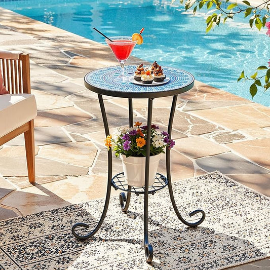 Side Table Outdoor, Mosaic Patio Table with Planter Stand, 22" H Iron Coffee End Table,Weather Resistant Tile Top Metal Drink Bar Table for Indoor Garden Balcony Yard Bistro Balcony