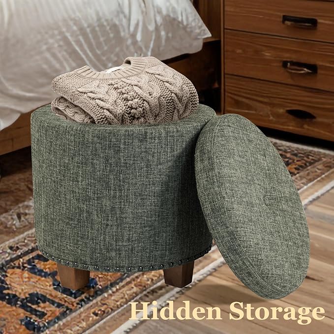 HomePop 18.5" Round Storage Ottoman with Nailheads - Green Clover Fabric