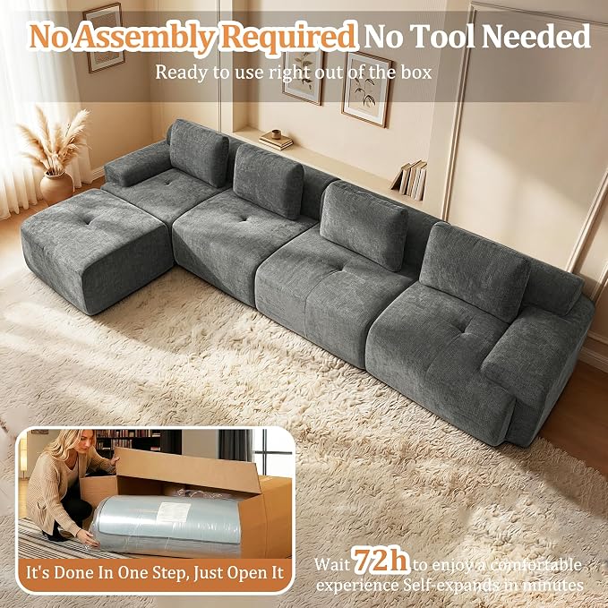 159" L-Shaped Modular Sectional Sofa, Oversized Boneless Cloud Couch for Living Room with Extra Deep Seat & High Back, Tool-Free No Assembly, Soft Chenille (Dark Grey, 159 inch-L Shaped（4+1）)