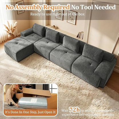 159" L-Shaped Modular Sectional Sofa, Oversized Boneless Cloud Couch for Living Room with Extra Deep Seat & High Back, Tool-Free No Assembly, Soft Chenille (Dark Grey, 159 inch-L Shaped（4+1）)