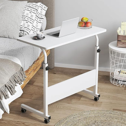 DlandHome Rolling Desk Adjustable Standing Desk, Mobile Side Table 31.4 Inches w/Wheels Adjustable C Table Movable Portable Laptop Computer Stand for Bed Sofa,White