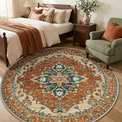 RELEANY Area Rugs Round 6ft Washable Non-Slip, Floral Vintage Distress Medallion Carpet for Living Room Bedroom Dining Room, Red Orange Blue Brown