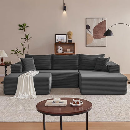 Mangodan 110” Cloud Sectional Couch, Boneless Sofa for Living Room, Modular Sectional Sofa with Deep Seat, Comfy Fluffy U-Shaped Couch with Right-Facing Chaise, No Assembly Required, Grey