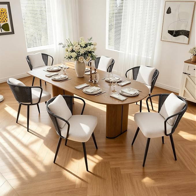 Modern Rattan Dining Chairs Set of 6, Upholstered Kitchen Chair with Metal Legs, Ergonomic Curved Backrest, Mid Century Living Room Chairs with Throw Pillow for Home, Dark Gray
