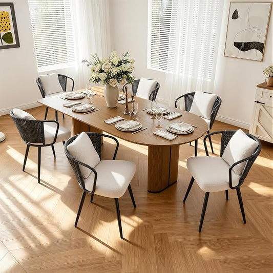Modern Rattan Dining Chairs Set of 6, Upholstered Kitchen Chair with Metal Legs, Ergonomic Curved Backrest, Mid Century Living Room Chairs with Throw Pillow for Home, Dark Gray