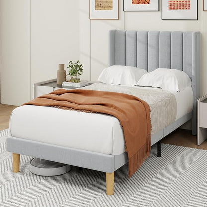 alazyhome Platform Bed Frame Twin Size with Upholstered Headboard, Solid Wood Slats Support, No Box Spring Needed, Noise Free, Easy Assembly, Modern Fabric Bed, Light Grey