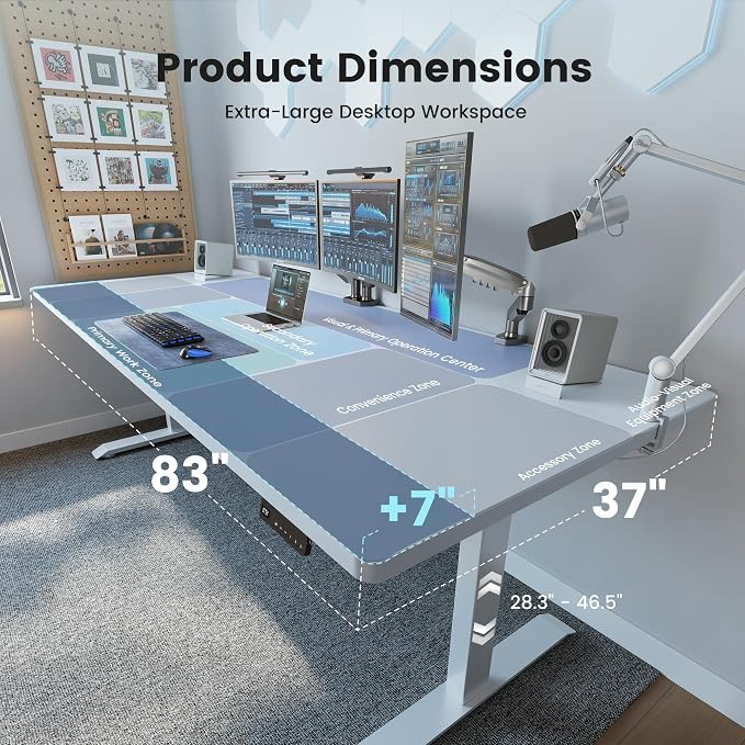FEZIBO 83 x 37 Inch Standing Desk with Integrated Dual-Beam, Cable Management, 3 Memory Height Adjustable Computer Desk for Home Office Workstation, 1" Thick Large 3-Piece Desktop White