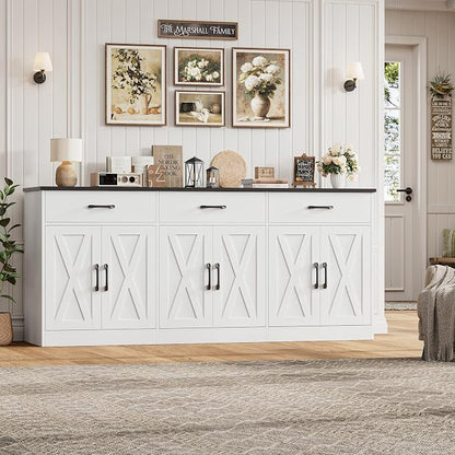 HOSTACK 71" Large Sideboard Buffet Cabinet with Storage, Farmhouse Coffee Bar Cabinet with 3 Drawers, Long Kitchen Buffet Table, Kitchen Sideboard Storage Cabinet for Dining, Living Room, White/Black
