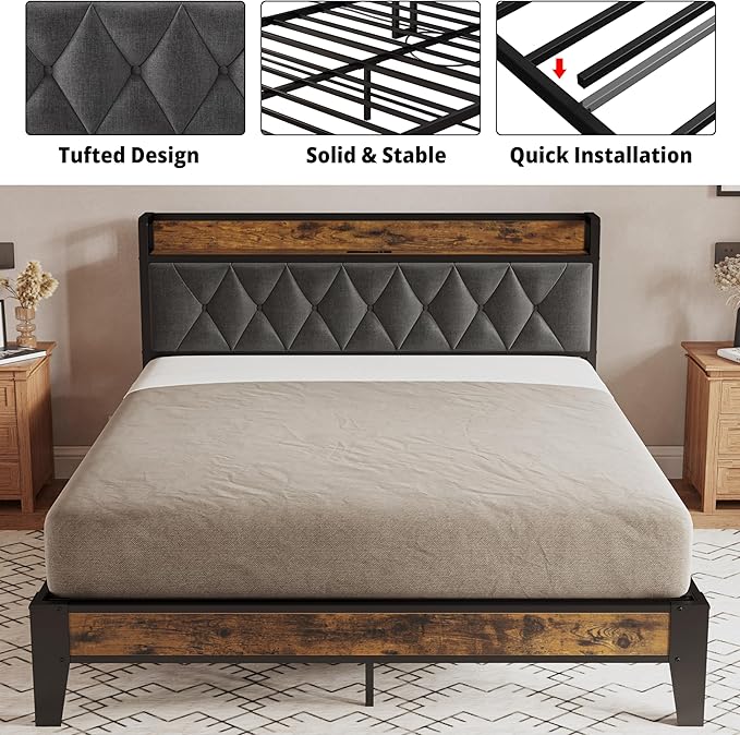 ANCTOR Full Bed Frame, Upholstered Tufted Headboard, Storage Shelves & Charging Station, No Box Springs Needed, Sturdy, Noise-Free, Modern Vintage Style
