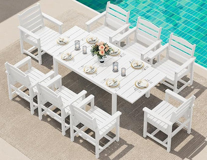 SERWALL HDPE and Aluminum Outdoor Dining Set for 8, White | 60" - 83" Expandable Outdoor Dining Table and 8 HDPE Chairs, All Weather Outdoor Furniture Set