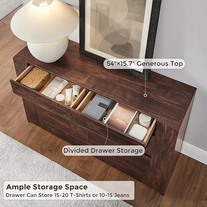 OKD 6 Drawer Dresser for Bedroom, 54" Wide Chest of Drawers with Thick Wood Design, Handleless, Modern Bedroom Dresser, Storage Organizer for Living Room/Entryway/Hallway, Dark Walnut