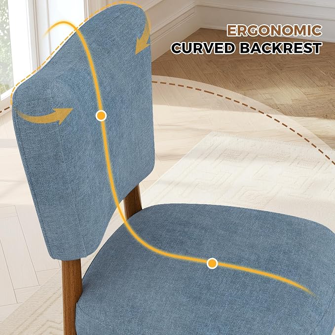Mid Century Dining Chairs Set of 4, Linen Seat, Wood Legs, Blue | Farmhouse, Upholstered Padded Cushion, Solid Wood Cross-Brace, Easy 15-Min Assembly, Kitchen Dining Room