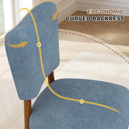 Farmhouse Dining Chairs Set of 2, Linen Seat, Wood Legs, Blue | Mid Century Modern, Upholstered Padded Cushion, Solid Wood Cross-Brace, Easy 15-Min Assembly, Kitchen Dining Room