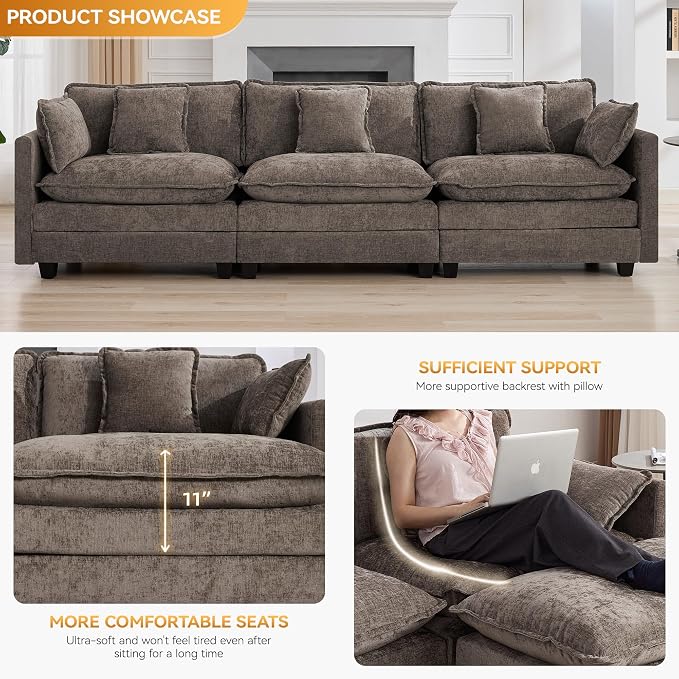 111'' Sectional Cloud Deep Seat Couch, Modern Comfy Chenille Modular Sectional Sofa for Living Room Set, Upholstered Modular 3-Seats Sofa Couch, Brown