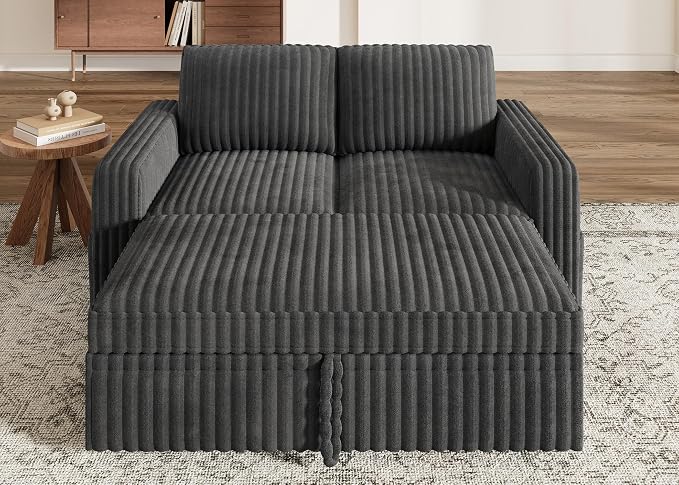 HONBAY Modular Pull Out Sofa Bed,Corduroy Loveseat, Couches for Living Room,Dark Grey