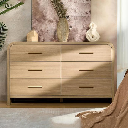 Curved 6-Drawer Dresser for Bedroom, 54" Wide Modern Chest of Drawers, Vanity Desk TV Stand for Living Room, Closet Storage Drawers Organizer Furniture, Nursery, Hallway, Grey Oak