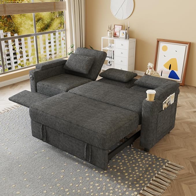 83" Recliner Sofa Bed, 3-in-1 Chenille Sleeper Sofa, Pull Out Couch Adjustable Backrest, USB, Side Pocket, Table, Cup Holder, Cloud Couch for Living Room, Apartment, Small Space, Dark Gray