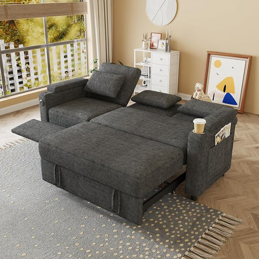 83" Recliner Sofa Bed, 3-in-1 Chenille Sleeper Sofa, Pull Out Couch Adjustable Backrest, USB, Side Pocket, Table, Cup Holder, Cloud Couch for Living Room, Apartment, Small Space, Dark Gray