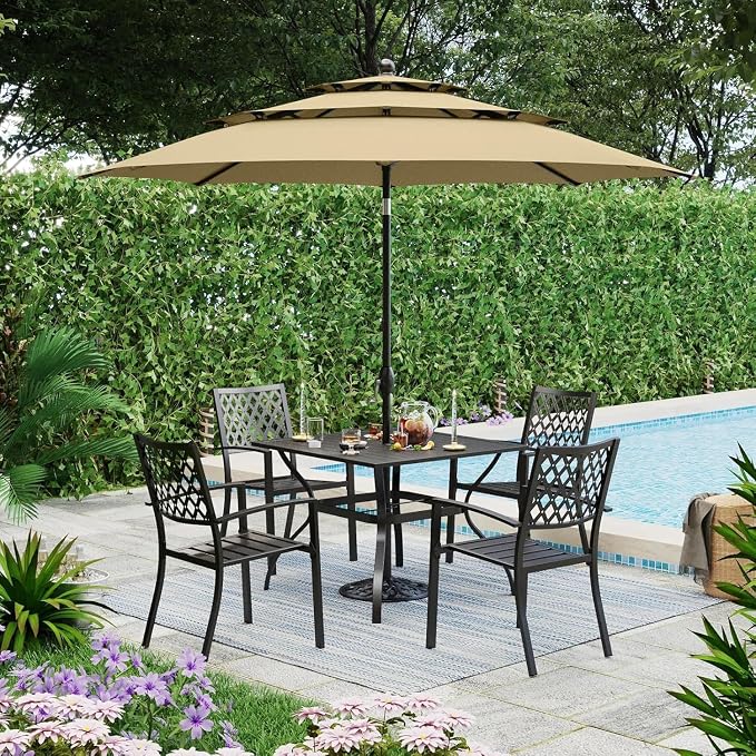 PHI VILLA 5 Pieces Outdoor Dining Set for 4, 37” Black Square Metal Table with Umbrella Hole & Stackable Wrought Iron Chairs, Outdoor Table and Chairs for Patio, Deck, Yard, Porch