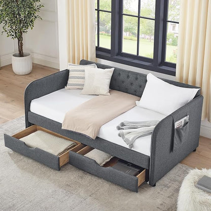 KEIKI Twin Size Upholstery Daybed with Trundle and 2 Drawers, Twin to King Design Mid-Century Style Extendable Sofa Bed, Easy Assembly, No Box Spring Required, for Living Room, Dark Grey