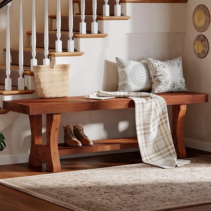 Solid Wood Entryway Bench, 55" End of Bed Bench, Long Indoor Dining Seat for Hallway, Bedroom, Living Room, Dining Room, Easy Assembly, Red Brown