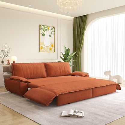 73.2" Sleeper Sofa Bed Queen, 3-in-1 Convertible Couch, Modern Pull Out Couches, Comfy Corduroy Futon Sofa, Cloud Loveseat Lounge, Pillow Arm for Small Spaces, Living Room, Apartment, Orange