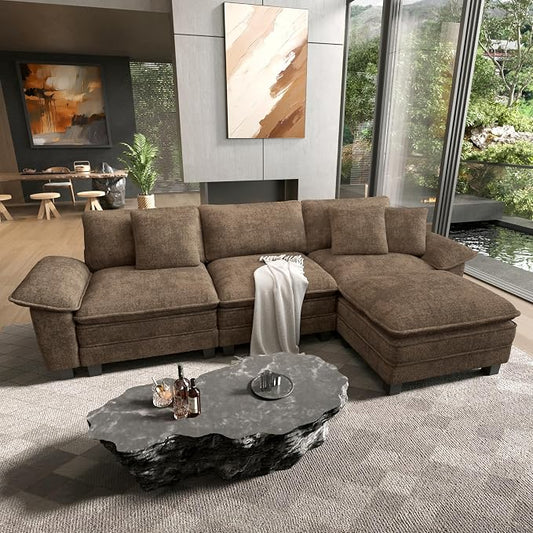 HERA'S HOUSE 124" Modular Sectional Sofa, Oversized L Shaped Couches for Living Room, Comfy Cloud Couch with Ottoman, 4-Seater Deep Seat Sofa with Throw Pillow, Chenille Grayish Brown