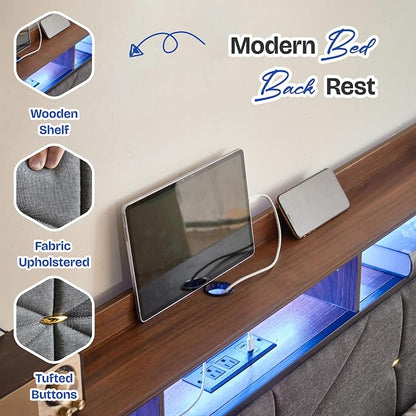 King bed frame with headboard, Upholstered Platform Bed Frame with Charging Station, Dual LED Light Strips, 2-Tier Storage Shelves, Heavy Duty Metal bed frame, Noise-Free, No Box Spring Needed, Black