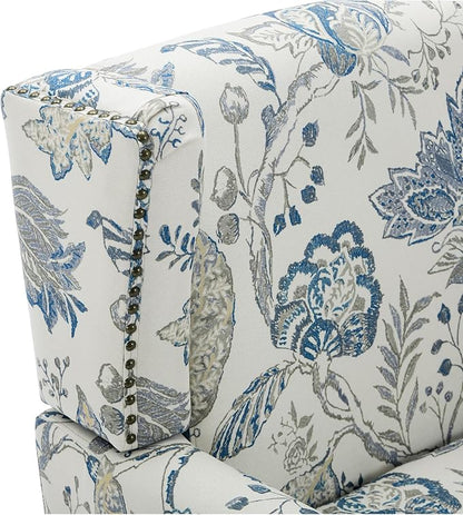 High Back Floral Accent Chairs Set of 2, Upholstered Armchair in Fabric, Retro Printed Wingback Arm Chair for Living Room, Nailhead Trim Single Sofa Bedroom Reading Seat - Plants Blue