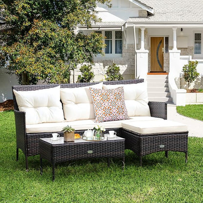 Tangkula 3 Pieces Patio Conversation Set, Outdoor PE Rattan Wicker Furniture Set W/Cozy Cushions, All Weather Sectional Sofa Set W/Tempered Glass Coffee Table for Poolside, Backyard, Garden