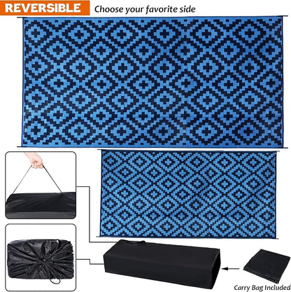 SAND MINE Waterproof Outdoor Rug 9x18 ft, Plastic Reversible Rug, Modern Area Rug, Large Floor Mat for Outdoors, RV, Patio, Backyard, Deck, Picnic, Beach, Camping, Blue