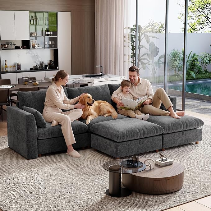 Ihanherry 117" Oversized Modular Sectional Sofa, Modern U Shaped Cloud Couch with 2 Storage Ottoman, 5-Seat Comfy Chenille Deep Seat Sofa with 2 Pillows for Living Room, Grey