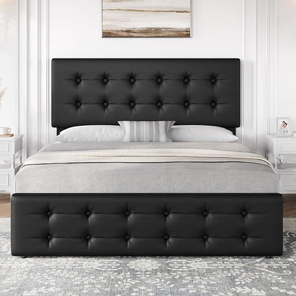 IDEALHOUSE Queen Size Bed Frame with 4 Storage Drawers and Headboard, Faux Leather Upholstered Platform Bed Frame with Wooden Slats Support, Button Tufted Design, No Box Spring Needed, Black